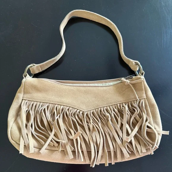 Darling Tan Fringe Shoulder Bag, Small Chic Style! Real Suede! - Picture 1 of 5